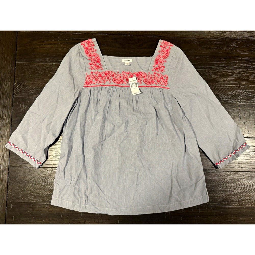 Westport Womens Tunic Blouse L Blue White Striped Square Neck 3/4 Embroidered